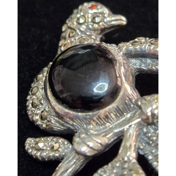 Vintage Sterling Silver, Onyx, Ruby and Marcasite Bird Brooch - Picture 2 of 5